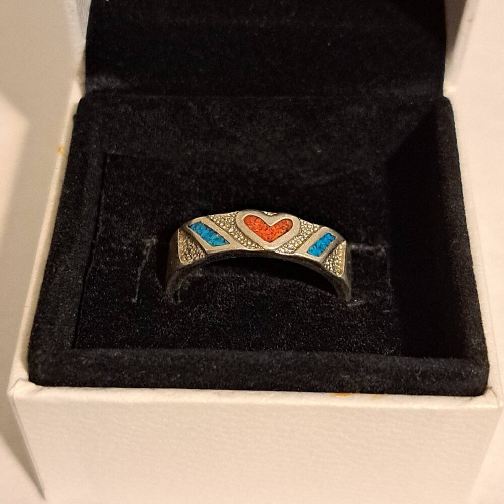 Navajo Silver Ring With Turquoise and Coral Crushed Stone Size 8.5